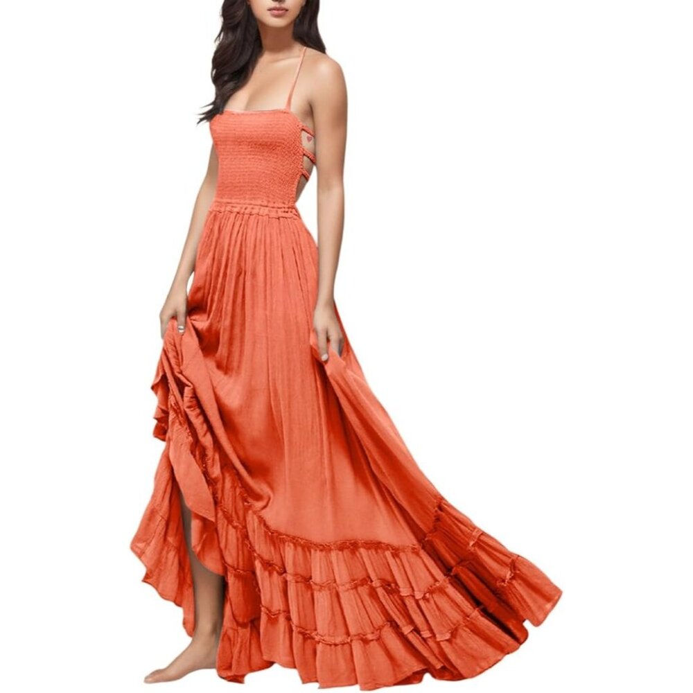 R.Vivimos Womens SM Summer Boho Sexy Backless Long Summer Dress Flowy Beachy